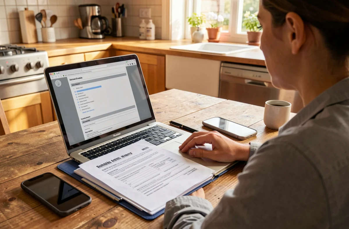 Dossier de contrat de gaz et téléphone posés sur une table de cuisine