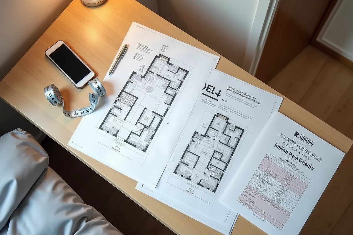 Documents réglementaires et plan de chambre posés sur un bureau pour constituer un dossier prouvant qu'une chambre de location est trop petite