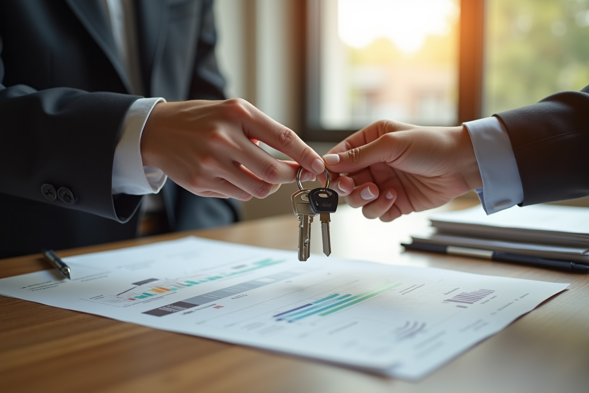 Main échangeant clés et papiers dans un appartement urbain