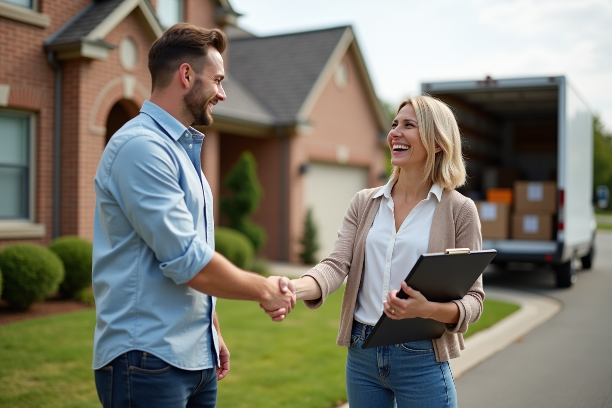 Homme et femme se serrant la main devant une maison