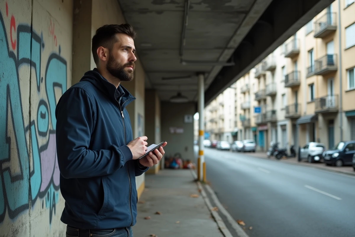 Journaliste prenant des notes dans un quartier urbain défavorisé de Romans-sur-Isère, ambiance reportage terrain, décor de banlieue avec tags et immeubles