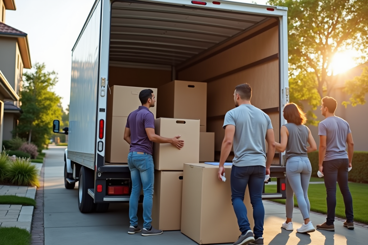 Equipe professionnelle chargeant un camion de déménagement en matinée