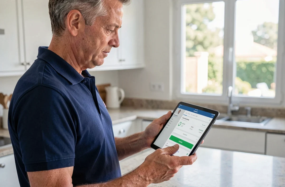 Propriétaire consultant son espace client copropriété MyFoncia sur une tablette dans sa cuisine