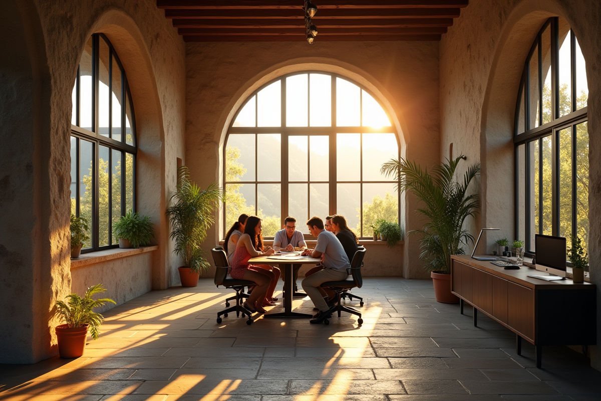 Équipe diverse travaillant dans un bureau moderne avec vue rurale