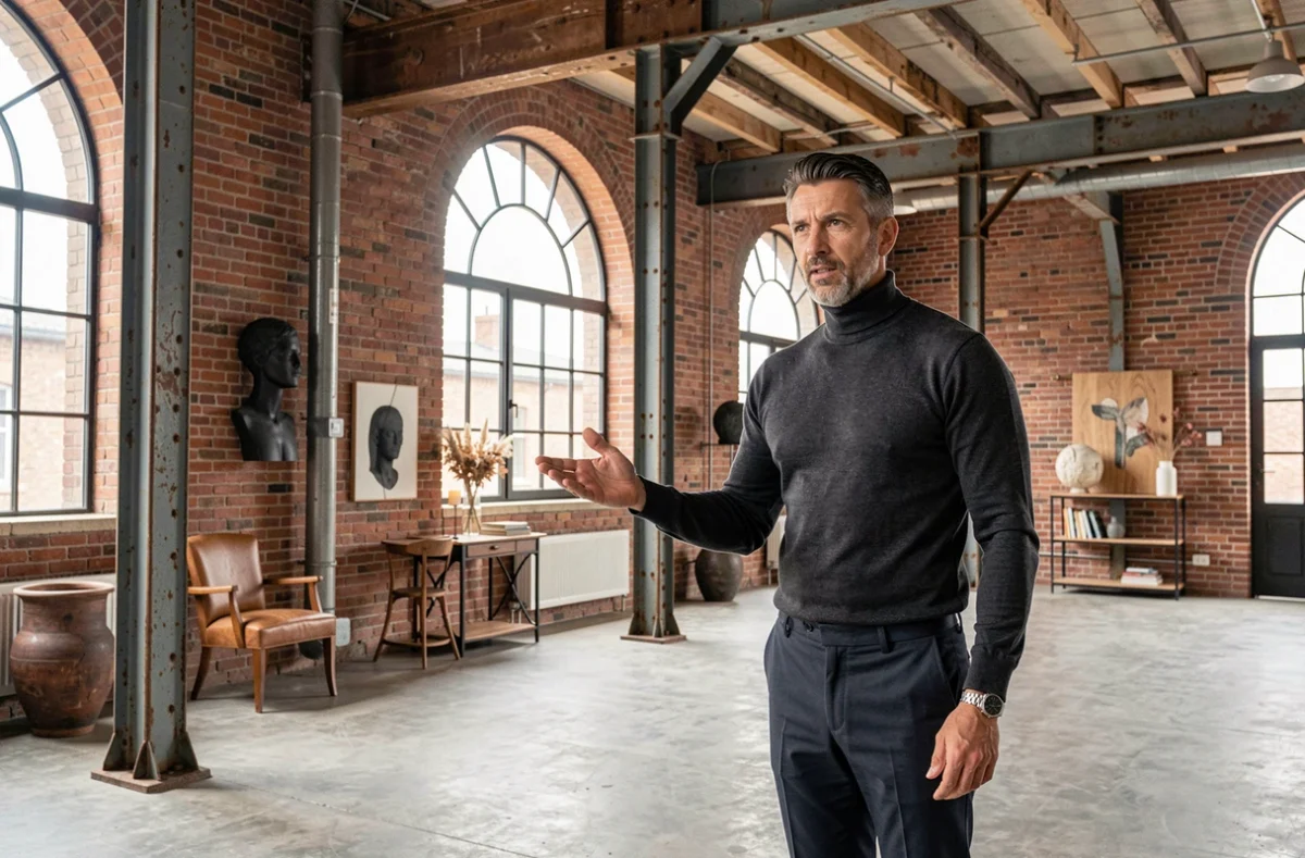 Agent d'Espaces Atypiques Rouen présentant un loft industriel avec briques apparentes et poutres vintage dans une ancienne usine rouennaise reconvertie