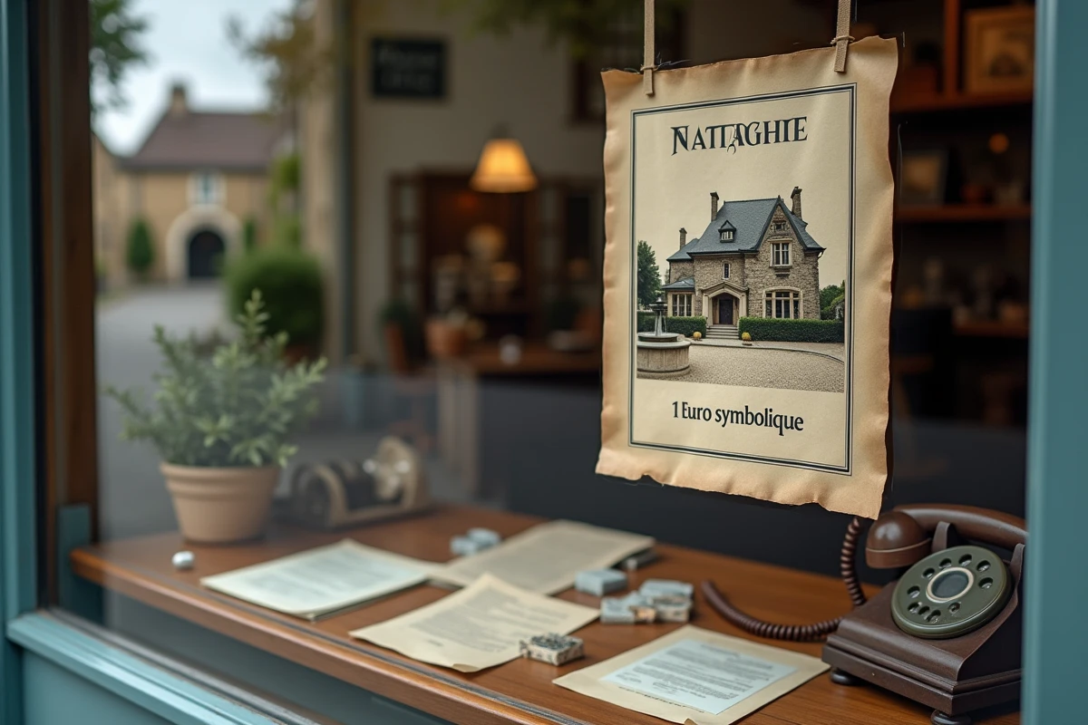 Vitrine d'une étude notariale en village rural avec une annonce d'un manoir à vendre pour un euro symbolique