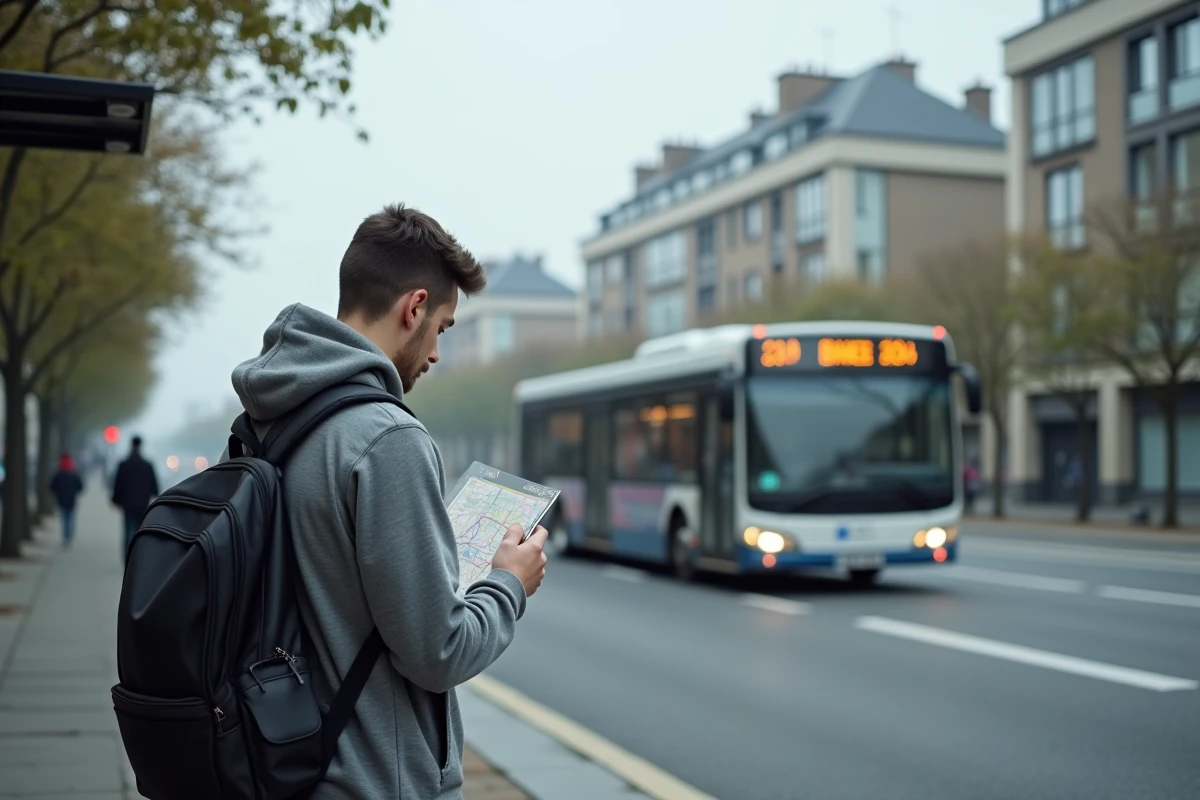 Étudiant consultant les transports en commun à un arrêt de bus du Havre près des résidences universitaires