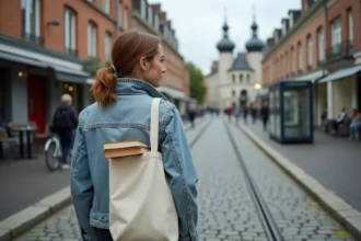 Étudiante marchant dans le quartier étudiant du Havre près d'un arrêt de tram et de la faculté