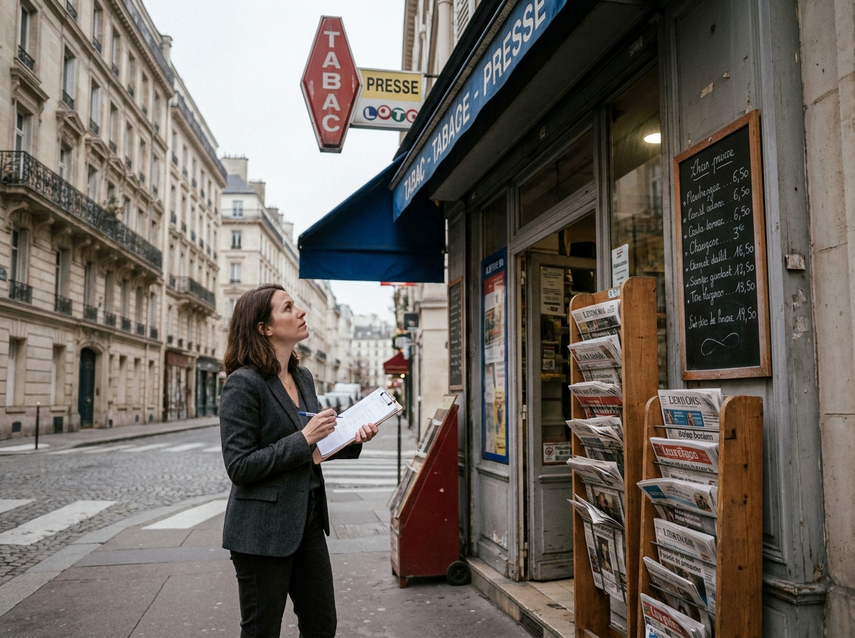 Femme en train d'évaluer la façade d'un tabac-presse avant son rachat dans une rue parisienne