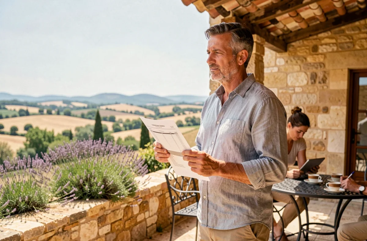 Propriétaire évaluant son bien immobilier provençal en présence d'un investisseur sur la terrasse d'un mas près d'Aix-en-Provence