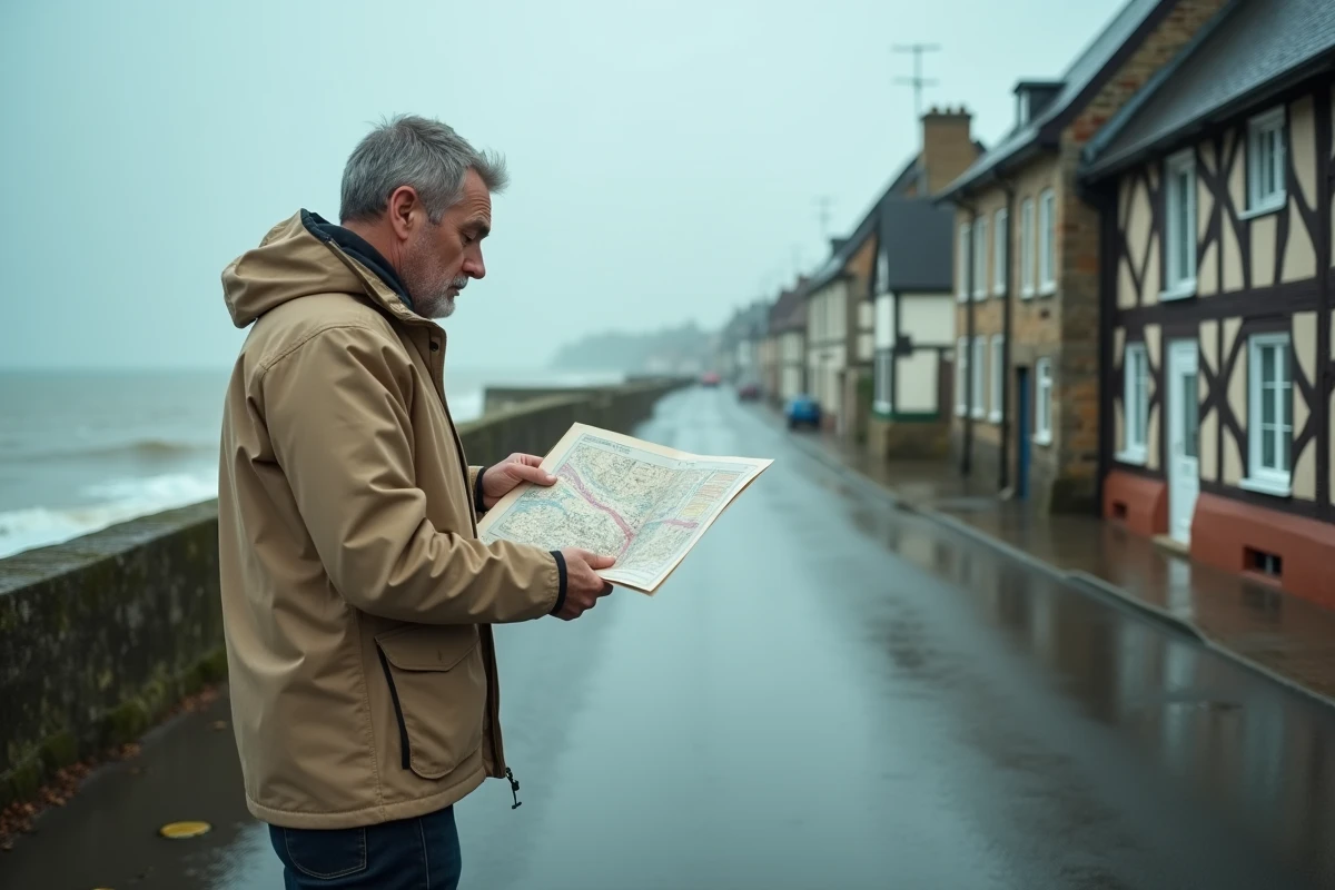 Homme examinant une carte des zones inondables face à une route côtière normande submergée, évaluation du risque de submersion marine avant achat immobilier