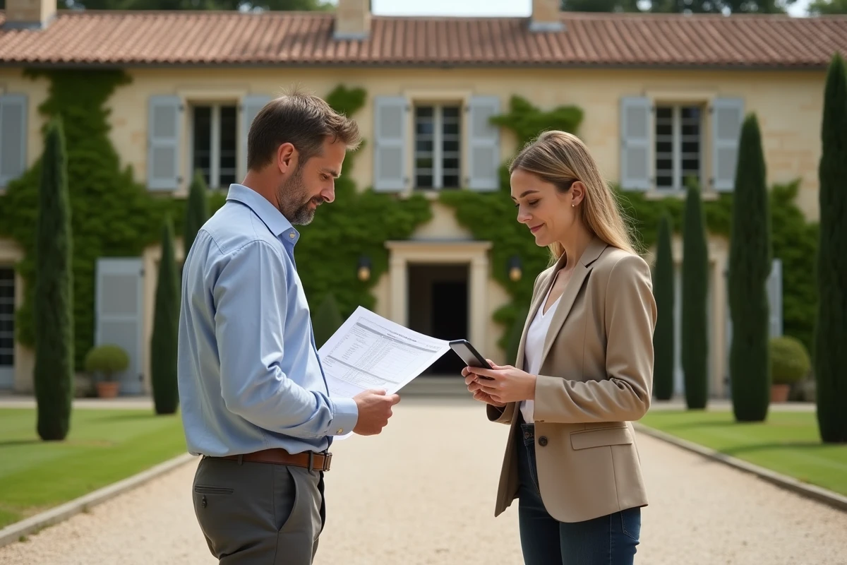 Expert immobilier et architecte comparant une estimation locale et numérique devant une villa de prestige en Provence