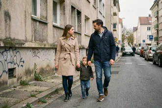 Famille avec jeune enfant marchant prudemment dans un quartier urbain dégradé de Besançon