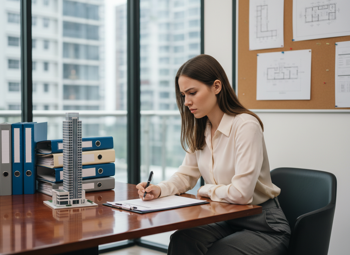 Jeune femme d affaires analysant un contrat d assurance