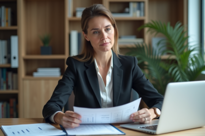 Femme d'affaires examine des documents dans un bureau moderne