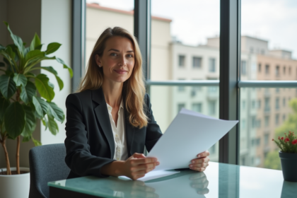 Femme d affaires en blazer tenant un dossier immobilier