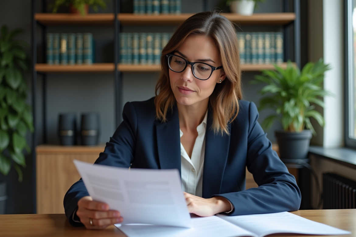 Femme d'affaires en costume lisant des documents financiers