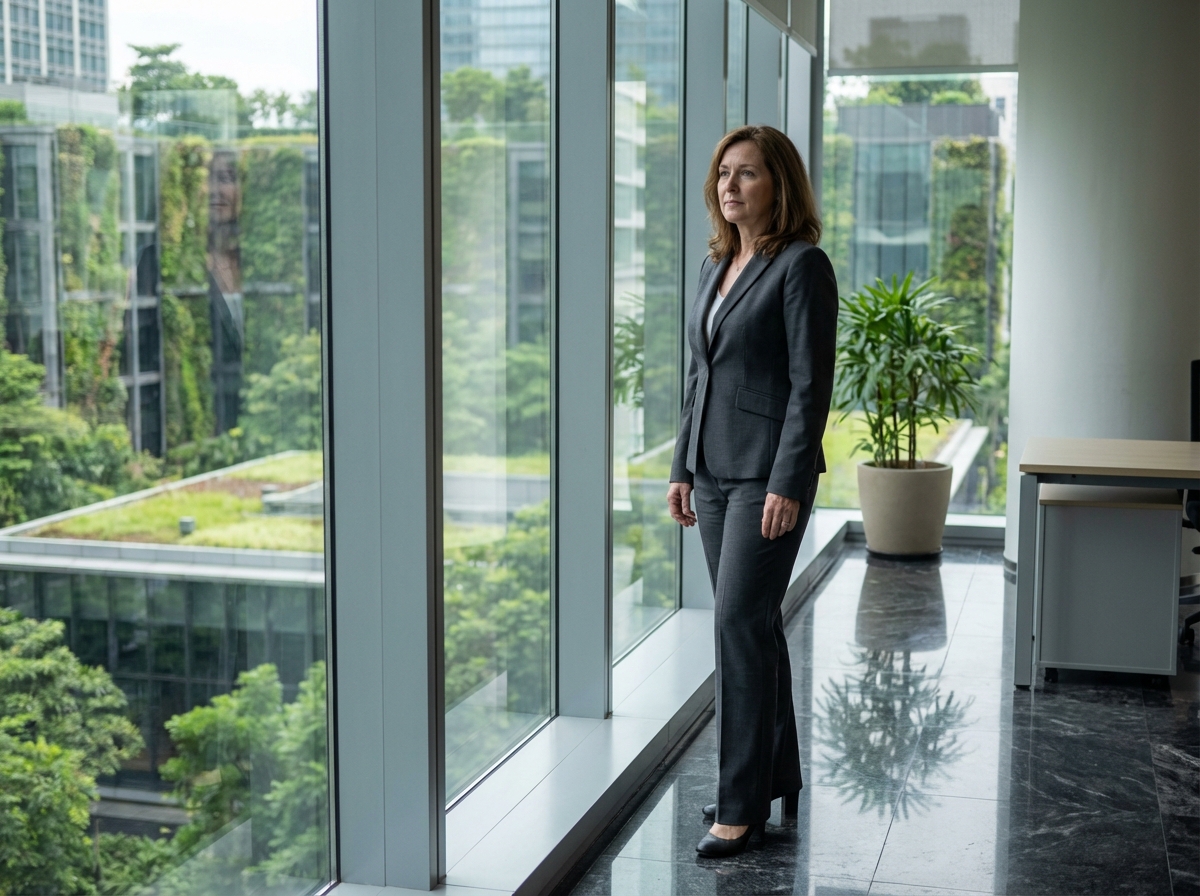 Femme d affaires regardant un jardin vertical depuis une fenêtre