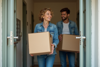 Femme et jeune homme portant des cartons dans un couloir d'immeuble