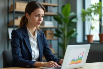 Femme professionnelle analysant un graphique financier dans un bureau lumineux