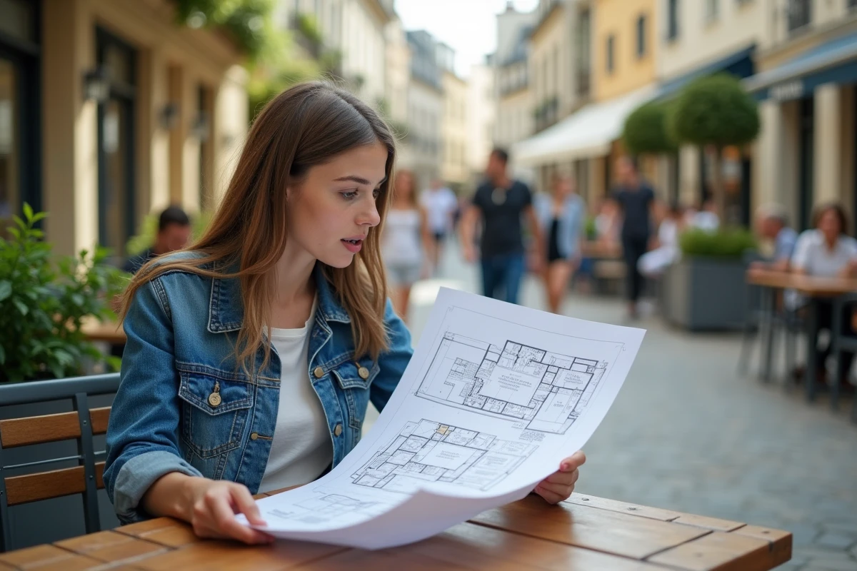 Femme architecte regardant plans dans un square rénové