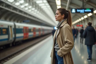 Femme en trench beige attendant RER à Saint Germain