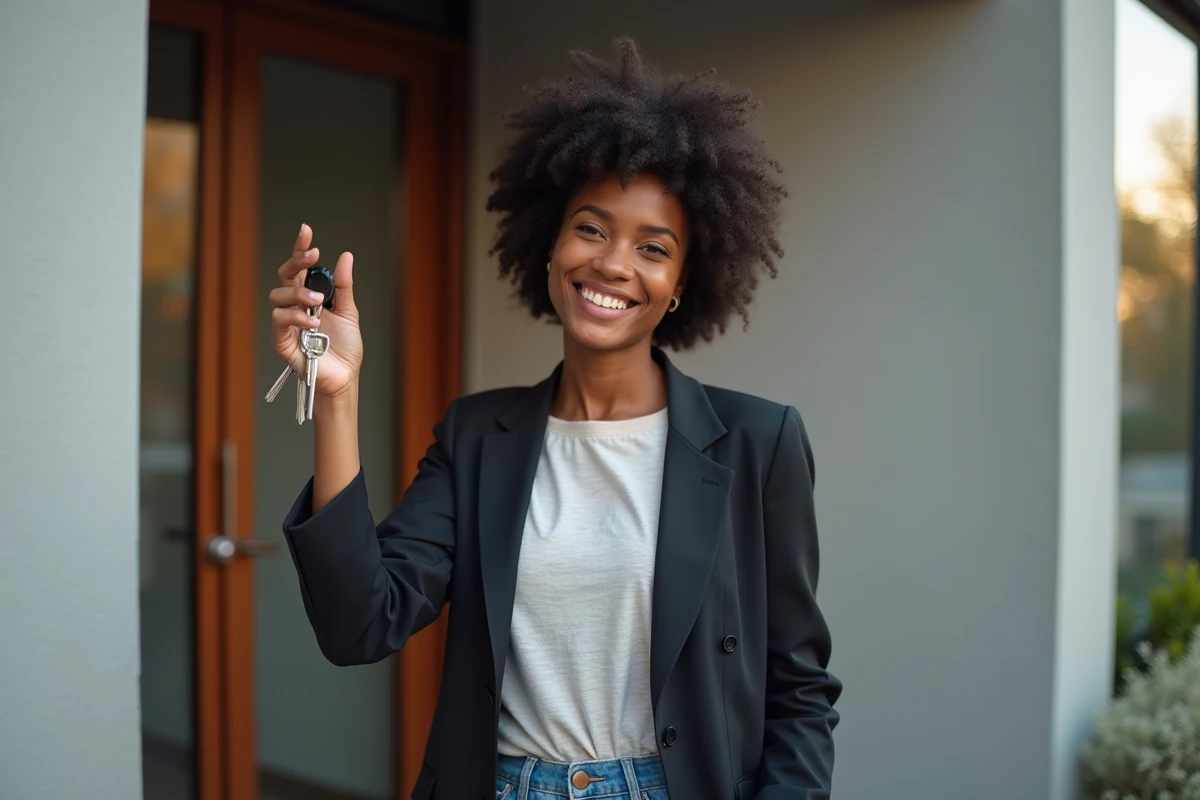 Jeune femme souriante tenant des clés devant un immeuble moderne