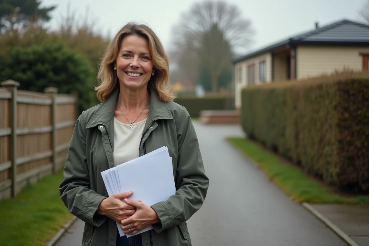 Femme tenant des documents devant un terrain avec mobile home