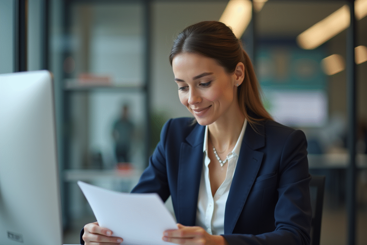Femme d affaires en banque examinant un document