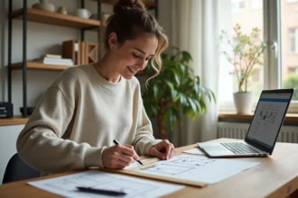 Femme détendue mesurant un plan de pièce à son bureau