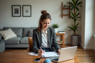 Femme en bureau moderne travaillant sur ses papiers