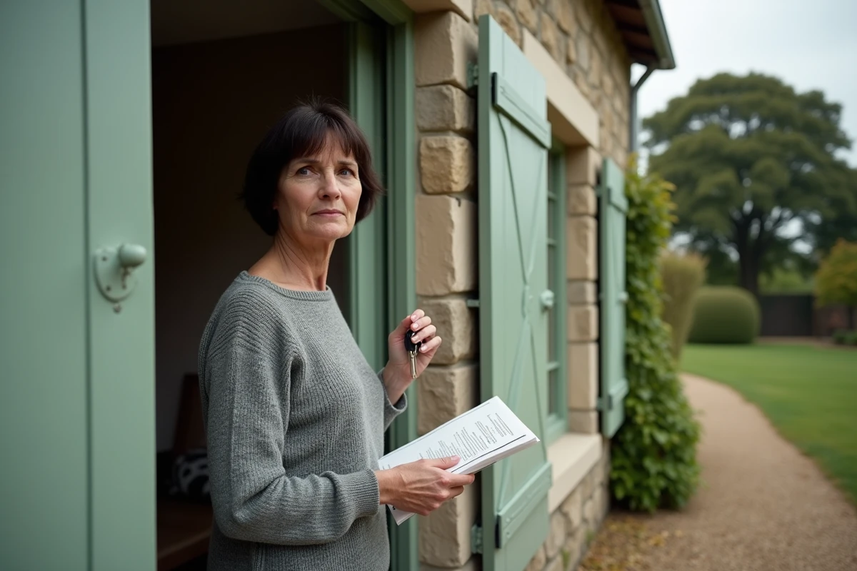 Femme tenant les clés d'une maison de famille héritée devant une façade en pierre dans un cadre rural français