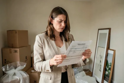 Femme consultant un contrat de location dans un appartement en cours de déménagement avec des cartons empilés
