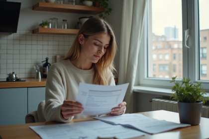 Jeune femme examine des factures de location dans son appartement