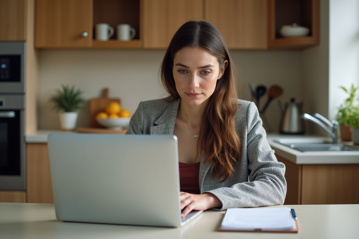 Jeune femme en tenue décontractée travaille sur son ordinateur à la maison