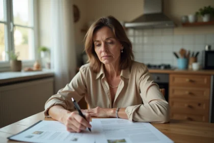 Femme en plein divorce assise à une table avec des documents immobiliers dans une maison à vendre dans l'Oise