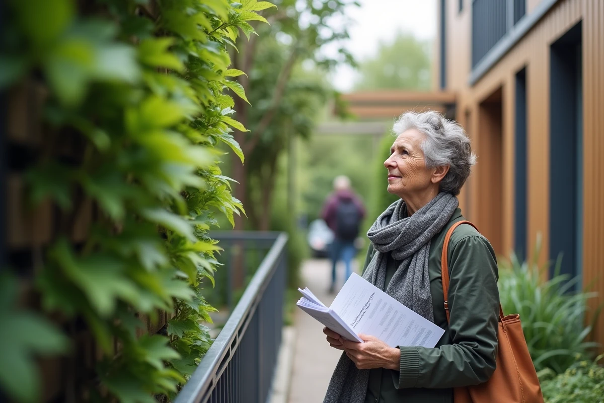 Femme en extérieur près d’un bâtiment écologique