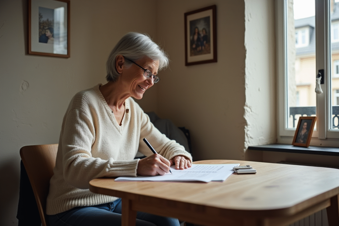 Femme française préparant ses papiers d'impôts dans son appartement
