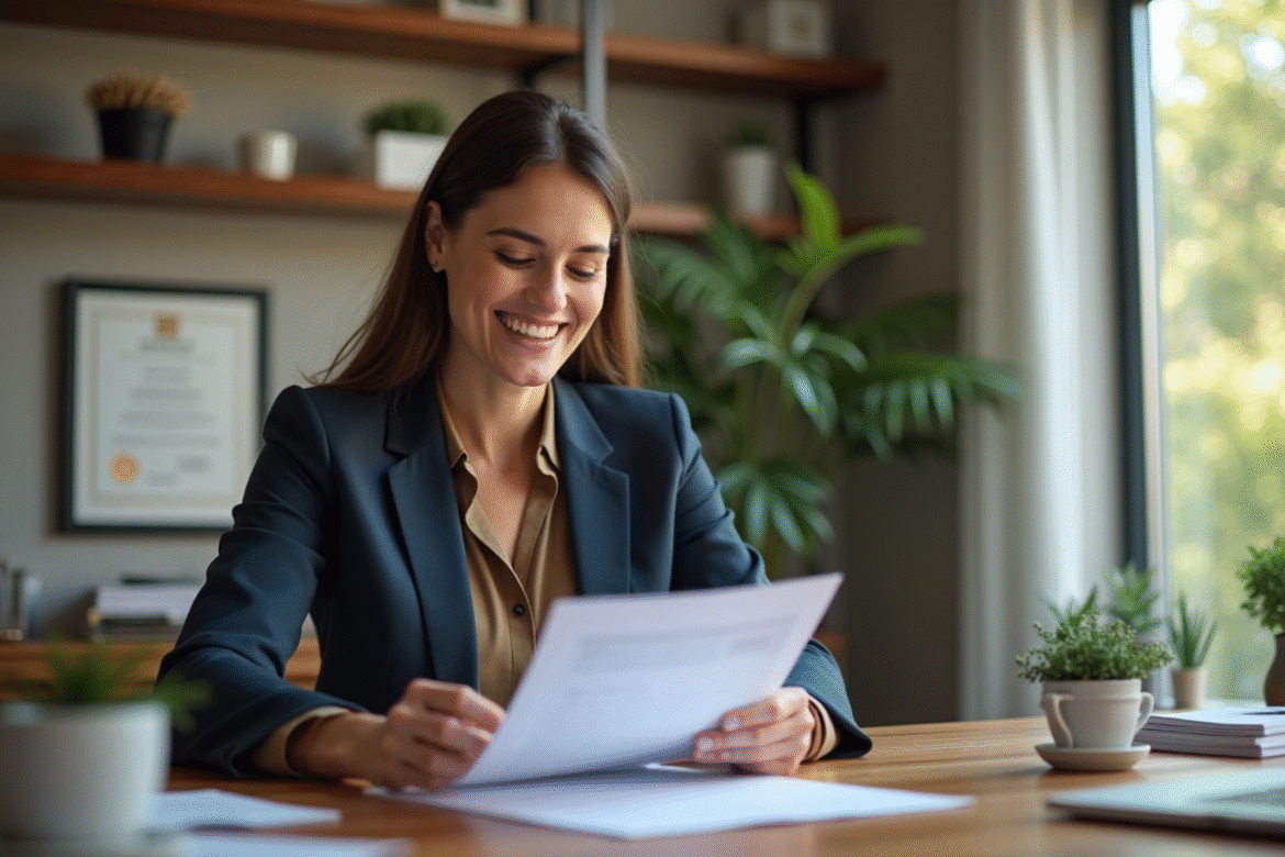 Femme professionnelle en bureau immobilier avec documents