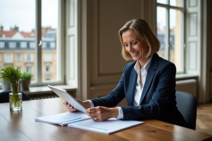 Femme d'âge moyen en blazer bleu dans un appartement lyonnais