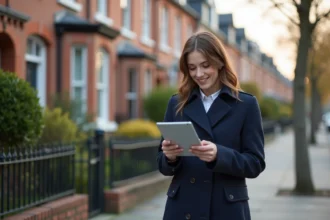 Jeune femme en trench examinant des annonces immobilières