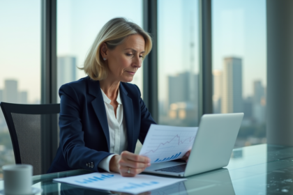 Femme d'âge moyen analysant des graphiques immobiliers dans un bureau lumineux