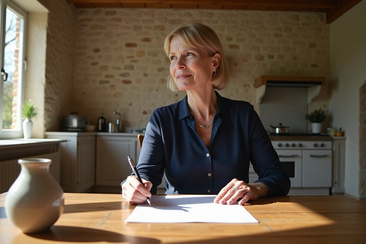 Femme mature examinant un contrat dans une maison à Béziers