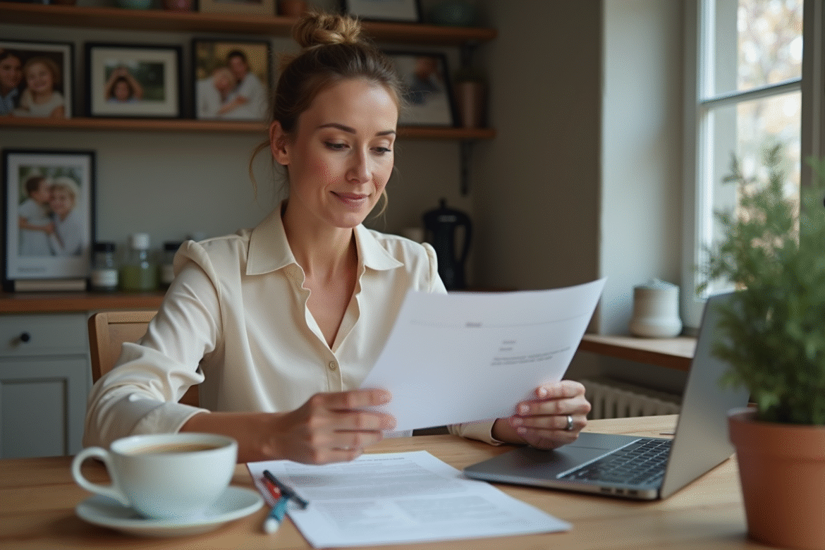 Femme lisant des documents dans une cuisine moderne