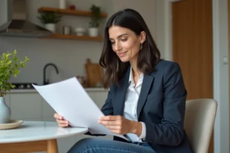 Femme en blazer lisant des documents de logement à la maison