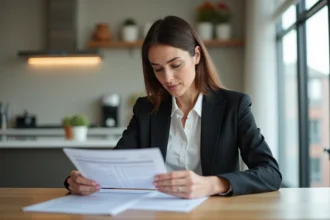 Femme en affaires examine documents de pret immobilier