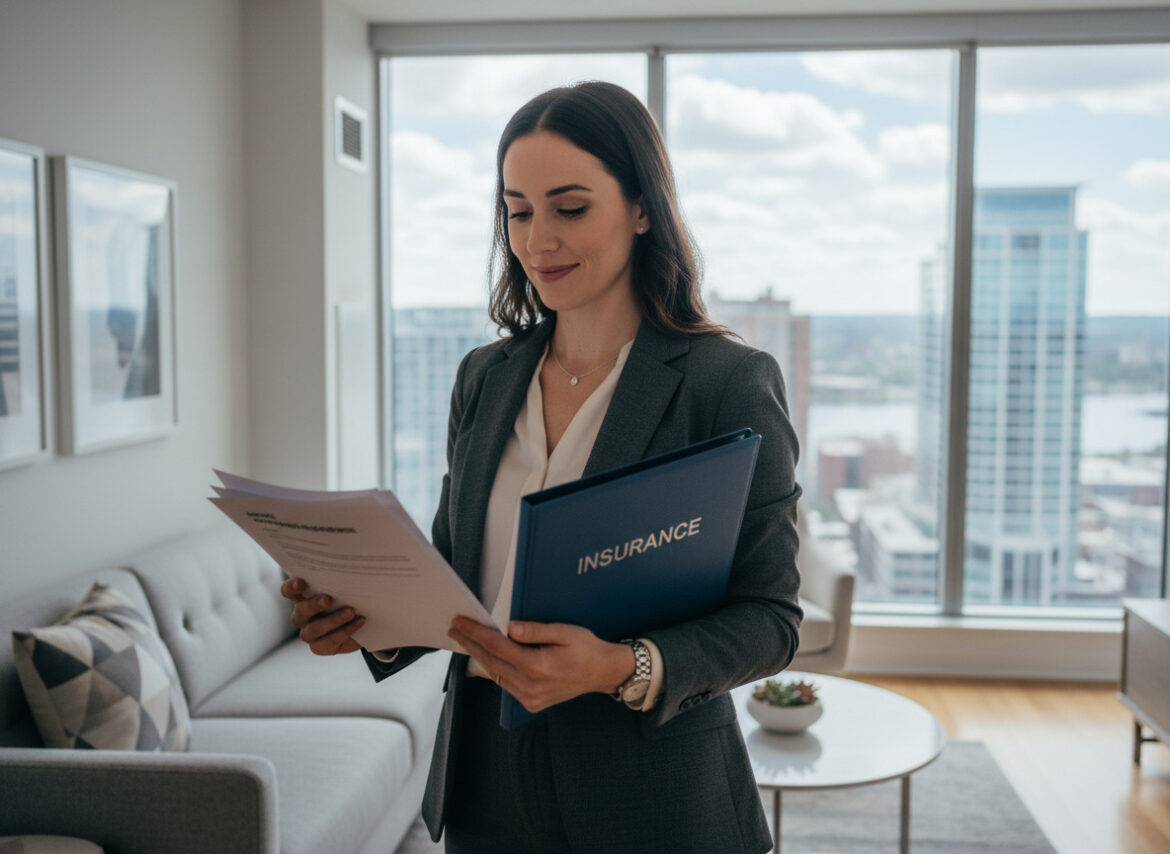 Femme professionnelle tenant documents de location et assurance