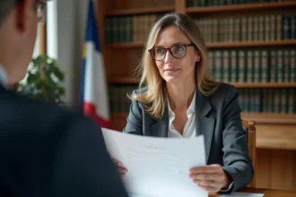 Femme d'âge moyen en réunion notariale dans un bureau ensoleille