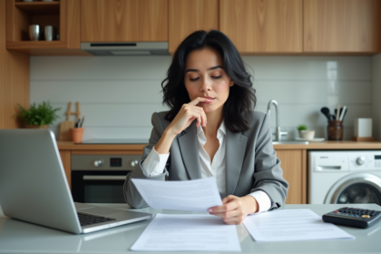 Femme organisée examinant des papiers de location dans la cuisine
