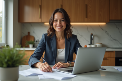 Femme organisée avec reçus et ordinateur portable